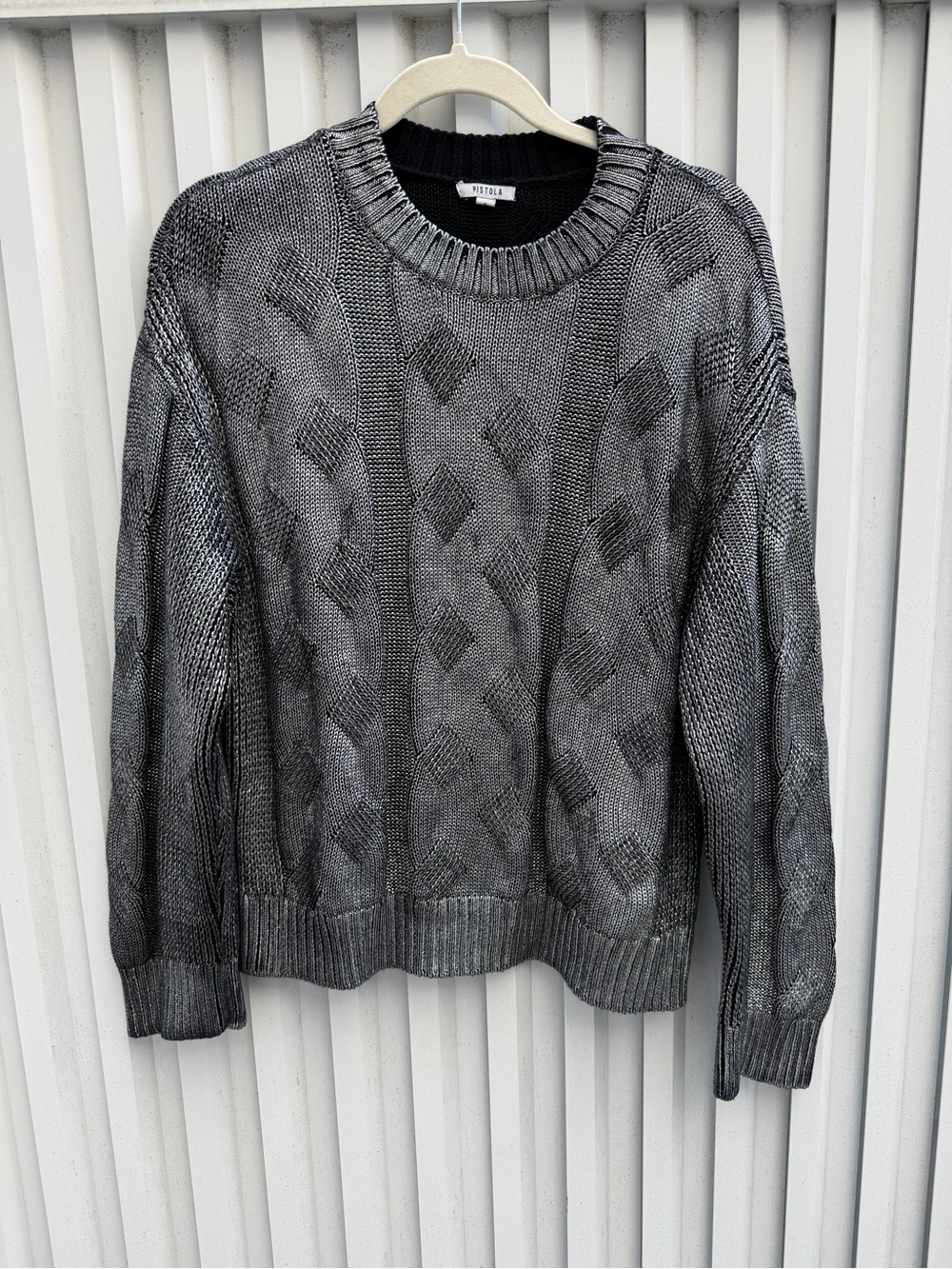 Pistola Metallic Silver Cable Knit Crewneck Sweater Small